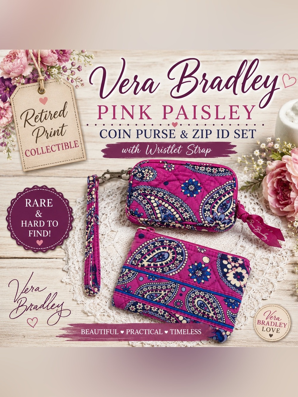Vera Bradley Pink Paisley Coin Purse & Matching Zip ID Case Set with Wristlet